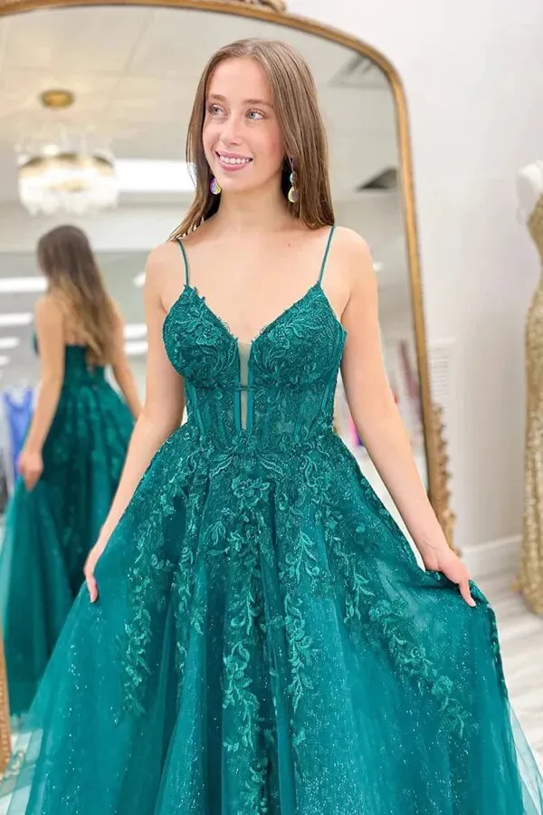 Sparkly Emerald Green A-line Spaghetti Straps Lace up Long Prom Dresses, SLP032