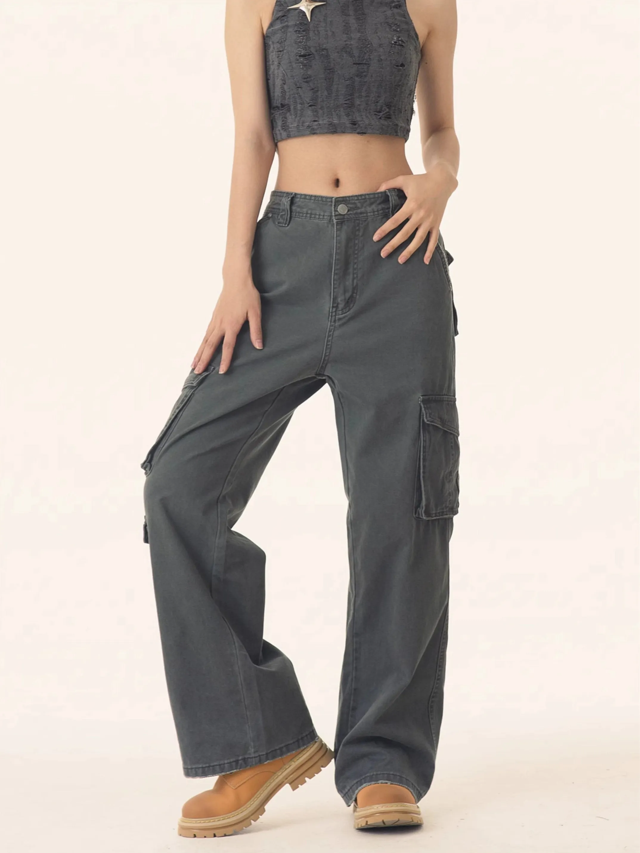 Straight Leg Utility Cargo Pants with Multiple Flap Pockets