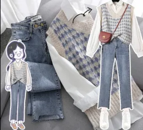 Studenten koreanische Freizeithemden Sweater Weste  Jeans