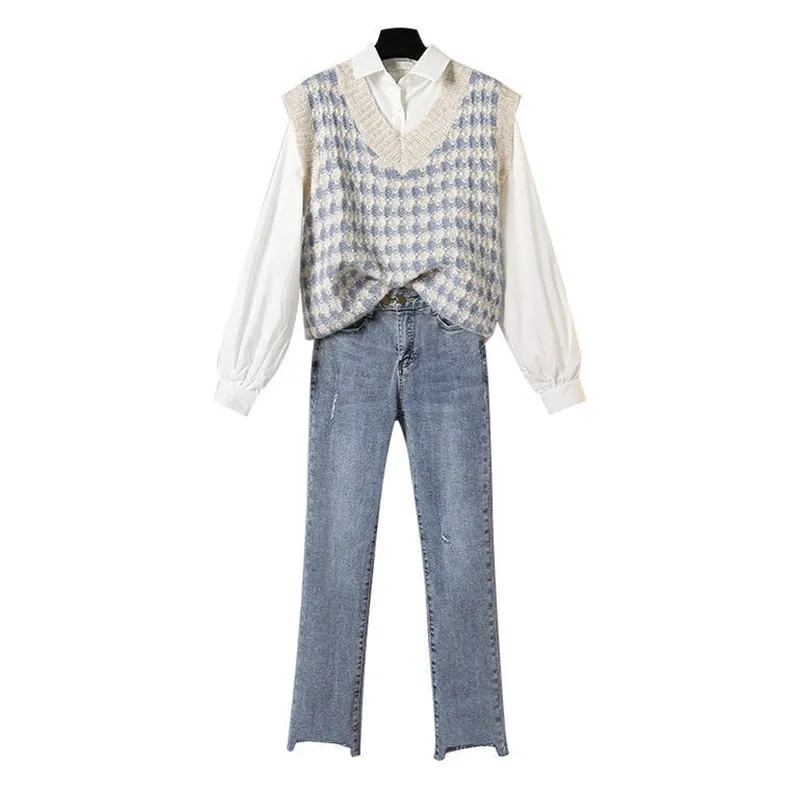 Studenten koreanische Freizeithemden Sweater Weste  Jeans