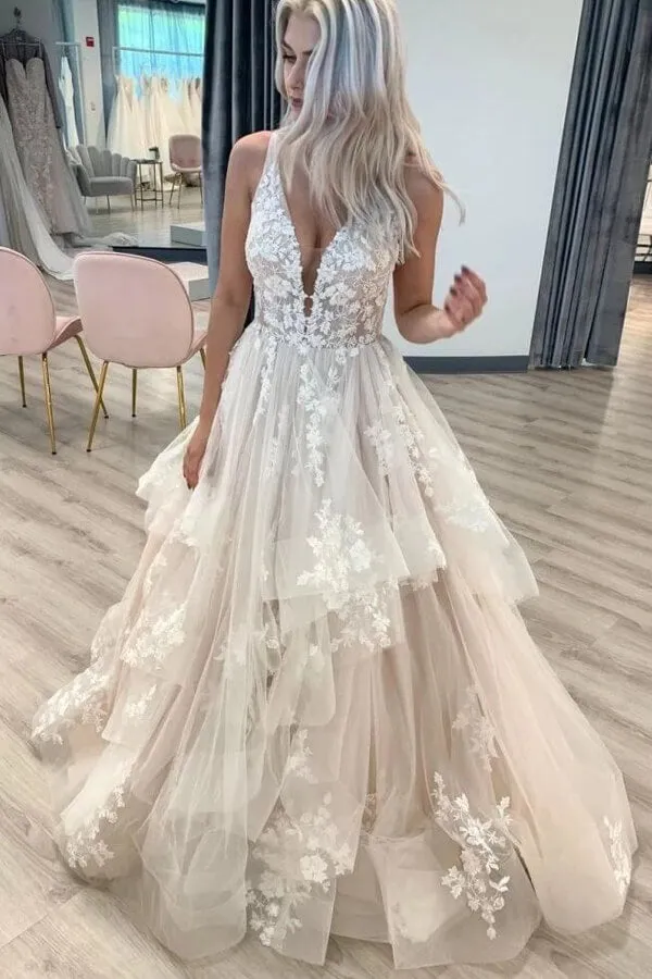 Tired Tulle A-line V-neck Floor Length Lace Wedding Dresses, Bridal Gown, SW585