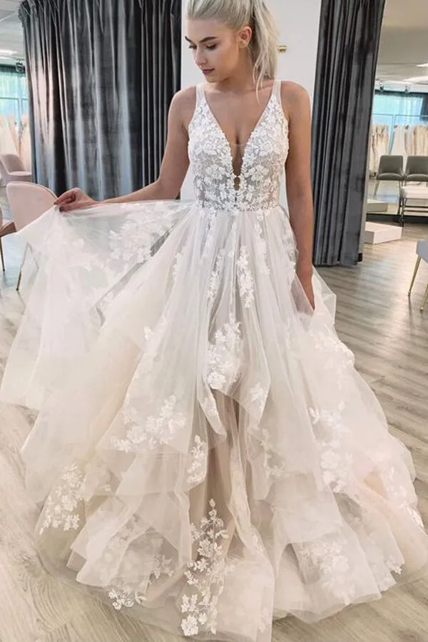 Tired Tulle A-line V-neck Floor Length Lace Wedding Dresses, Bridal Gown, SW585