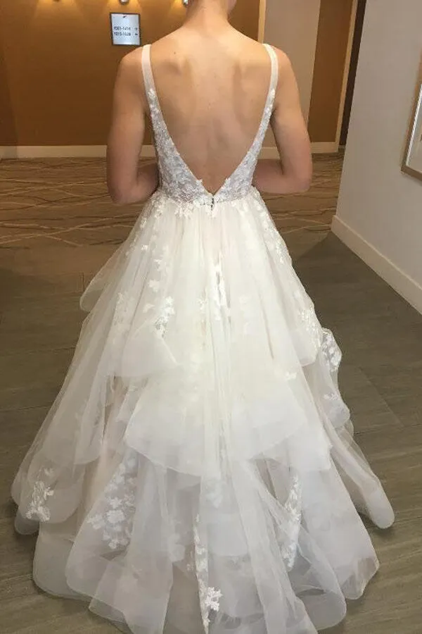 Tired Tulle A-line V-neck Floor Length Lace Wedding Dresses, Bridal Gown, SW585