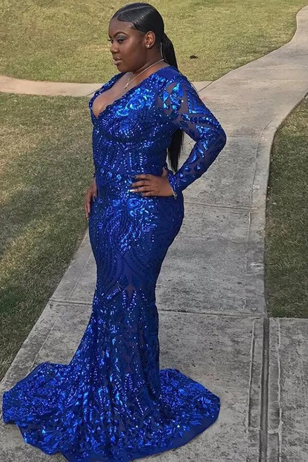 Trendy Royal Blue V-neck Long Sleeve Mermaid Plus Size Sequined Prom Dress, SP608
