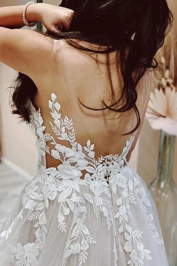 Tulle A-line Beach Wedding Dresses With Lace Appliques, Bridal Gowns, SW637