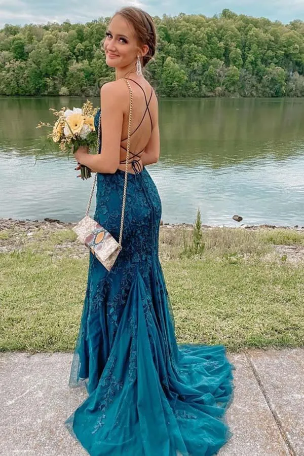 Tulle Lace Mermaid Spaghetti Straps Prom Dresses, Long Formal Dresses, SP766
