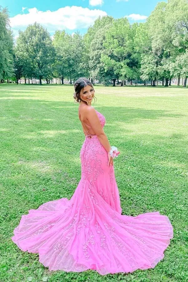 Tulle Lace Mermaid Spaghetti Straps Prom Dresses, Long Formal Dresses, SP766