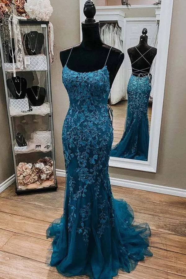 Tulle Lace Mermaid Spaghetti Straps Prom Dresses, Long Formal Dresses, SP766