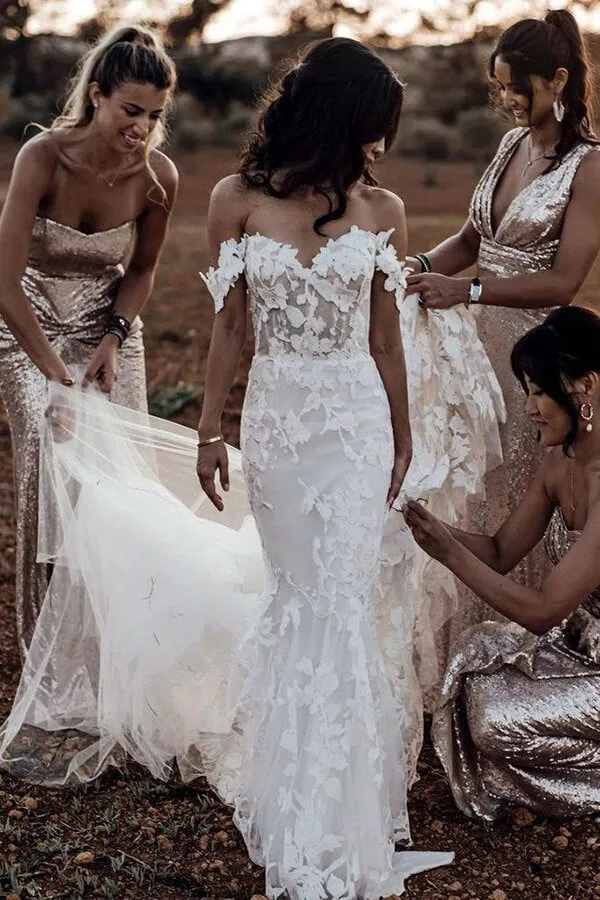Tulle Mermaid Off Shoulder Rustic Wedding Dresses With Lace Appliques, SW490