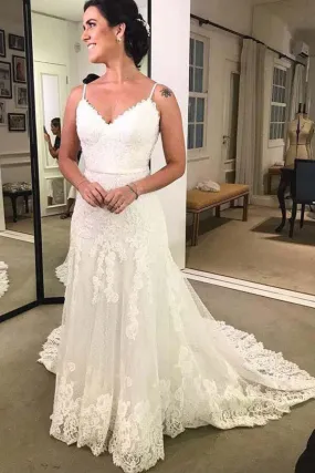 Tulle Polka Dot Lace Spaghetti Straps A-line Backless Wedding Dresses, SW475