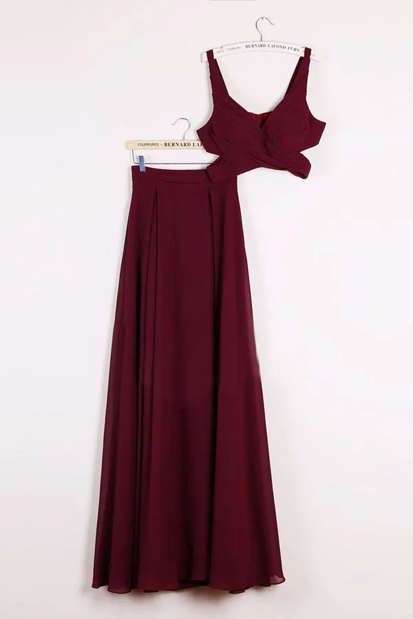 Two Pieces A-line Stretch Satin Prom Dresses,Red Halter Floor-length Prom Gowns,SIM448