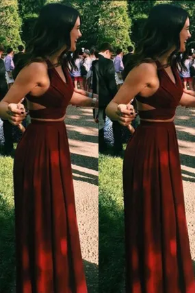 Two Pieces A-line Stretch Satin Prom Dresses,Red Halter Floor-length Prom Gowns,SIM448