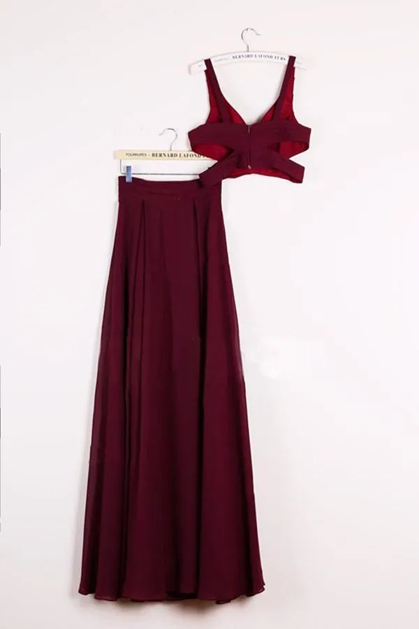 Two Pieces A-line Stretch Satin Prom Dresses,Red Halter Floor-length Prom Gowns,SIM448