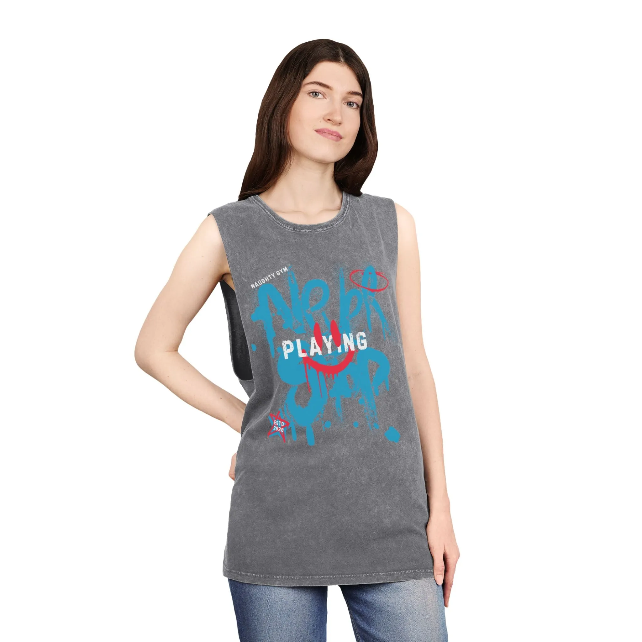 Unisex Stonewash "Never Stop Playing" Blue/Pink Tank Top