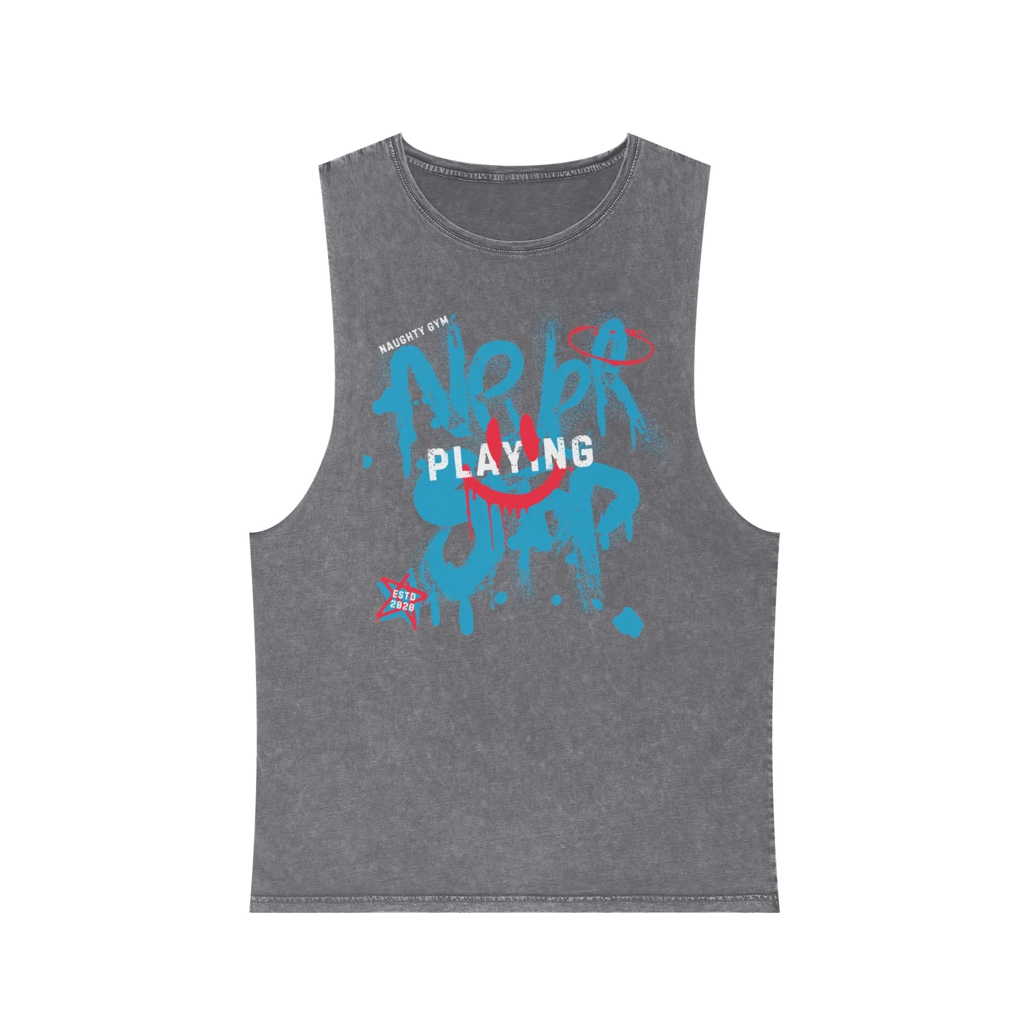 Unisex Stonewash "Never Stop Playing" Blue/Pink Tank Top