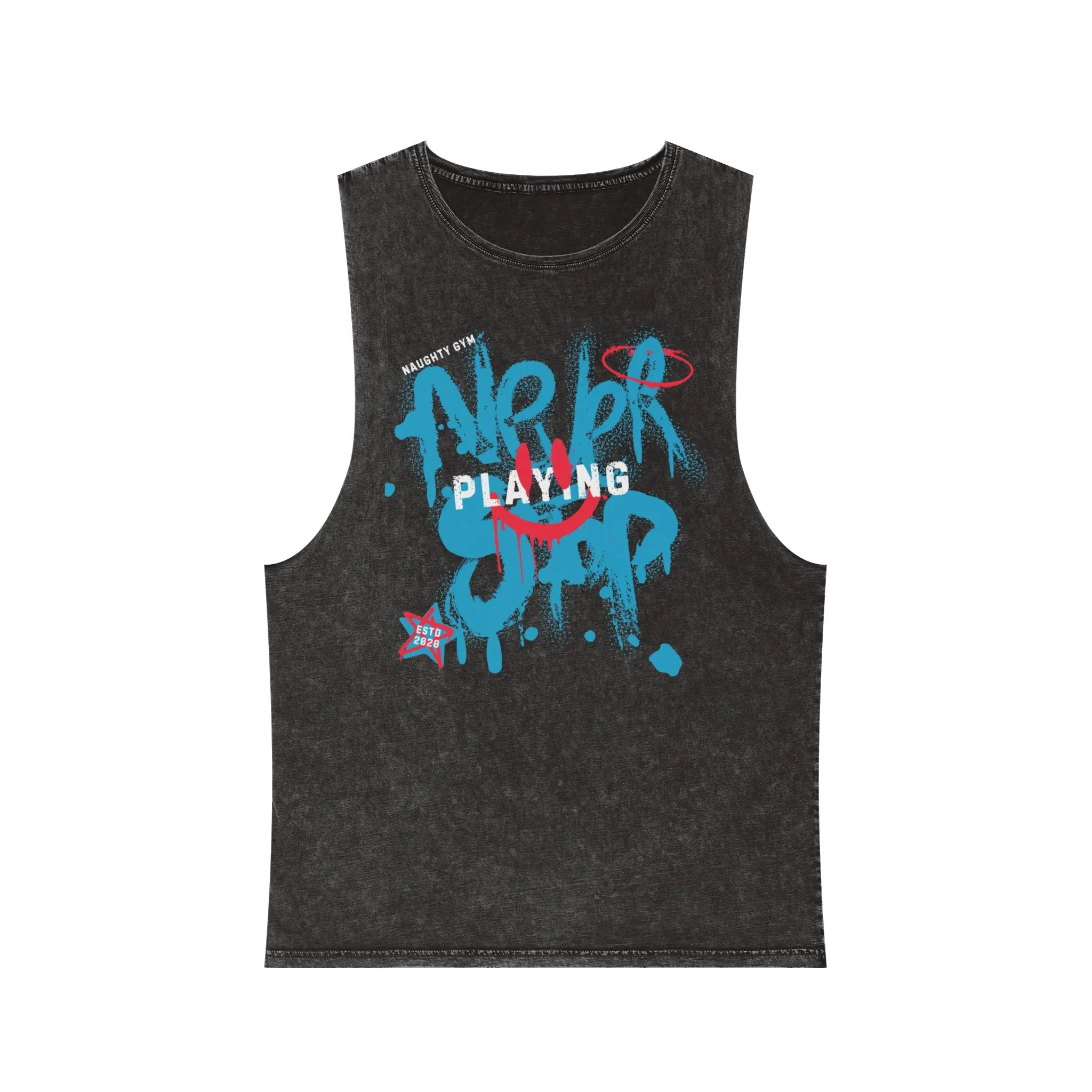 Unisex Stonewash "Never Stop Playing" Blue/Pink Tank Top