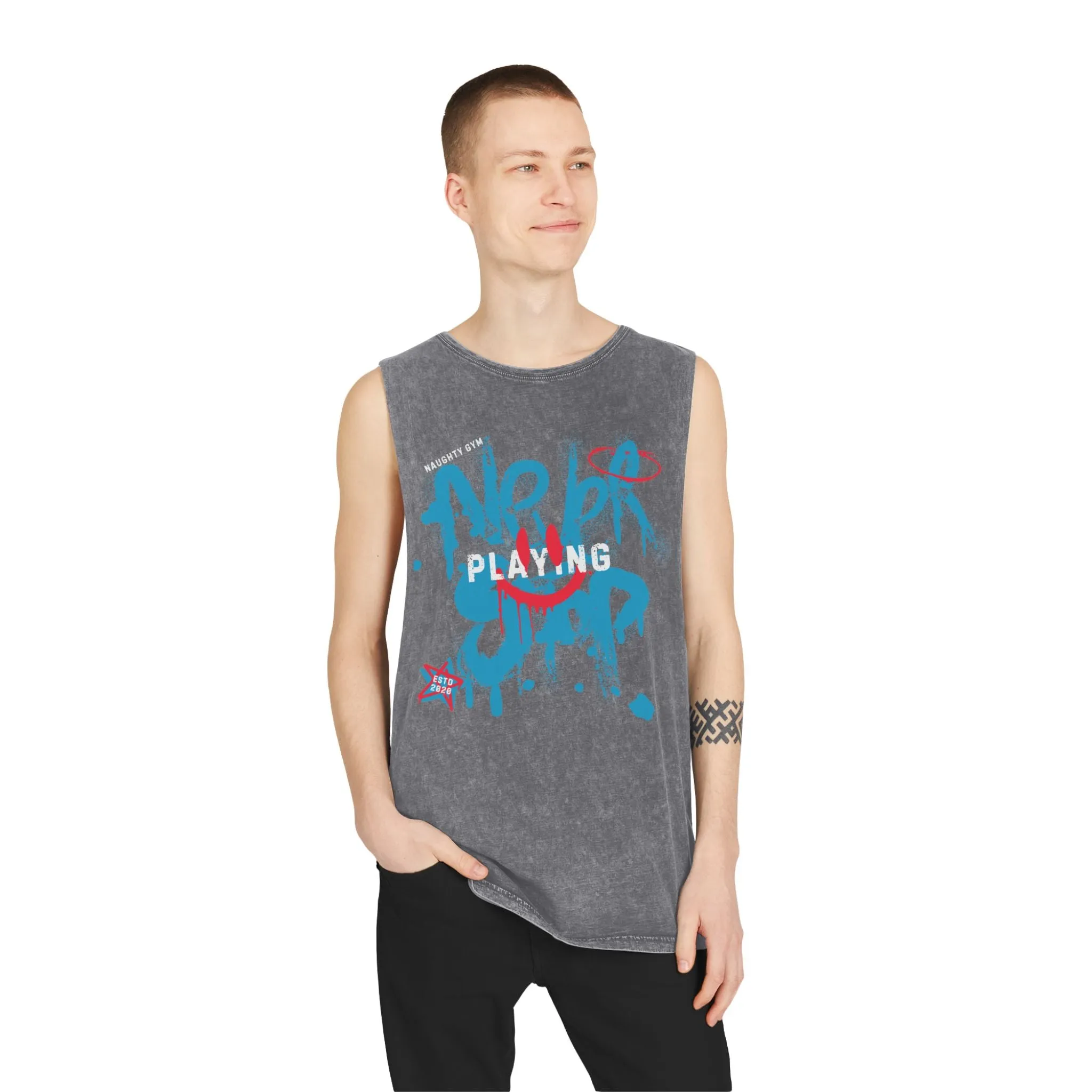Unisex Stonewash "Never Stop Playing" Blue/Pink Tank Top