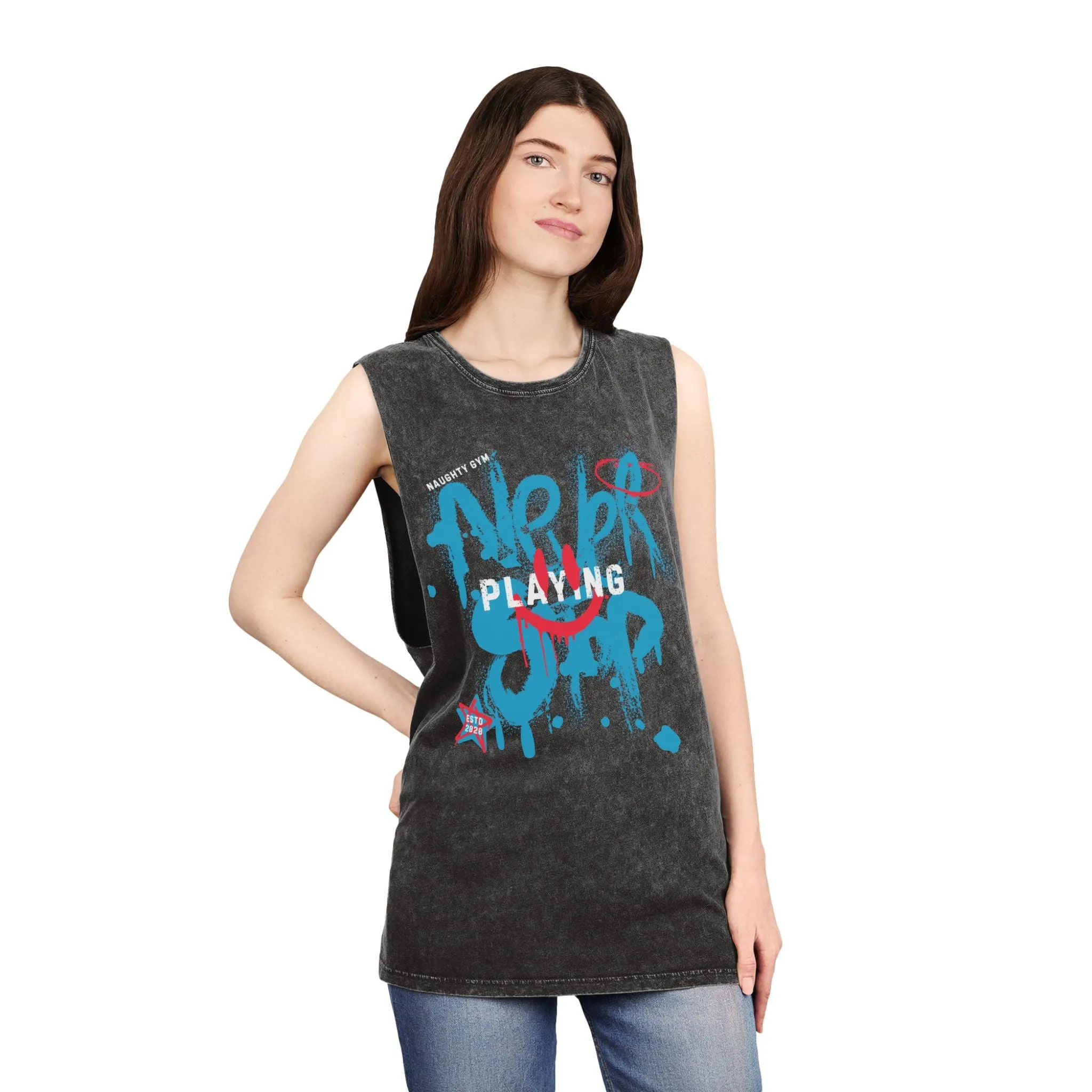 Unisex Stonewash "Never Stop Playing" Blue/Pink Tank Top