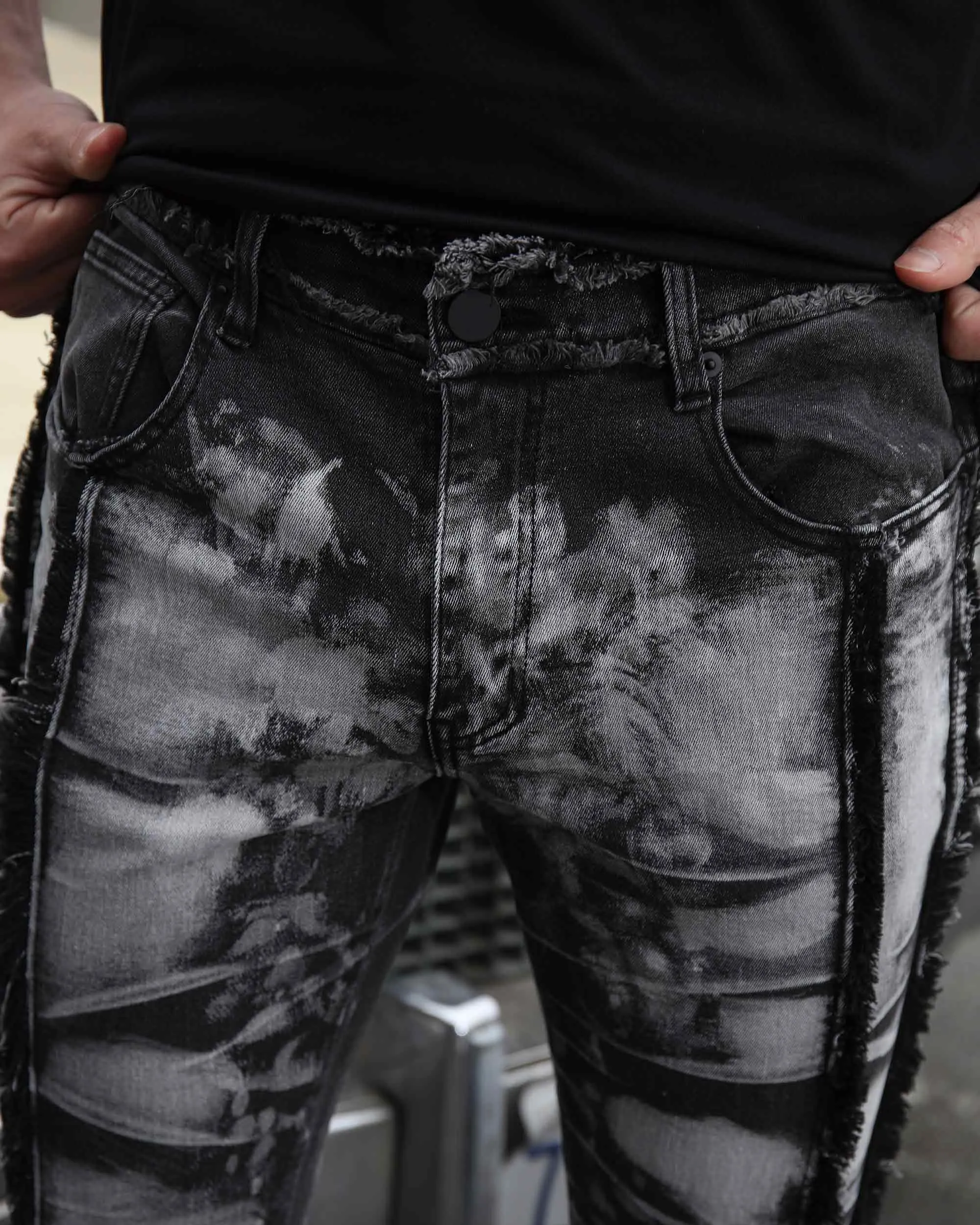Vintage Black Stacked Jeans with Tassel Detailing