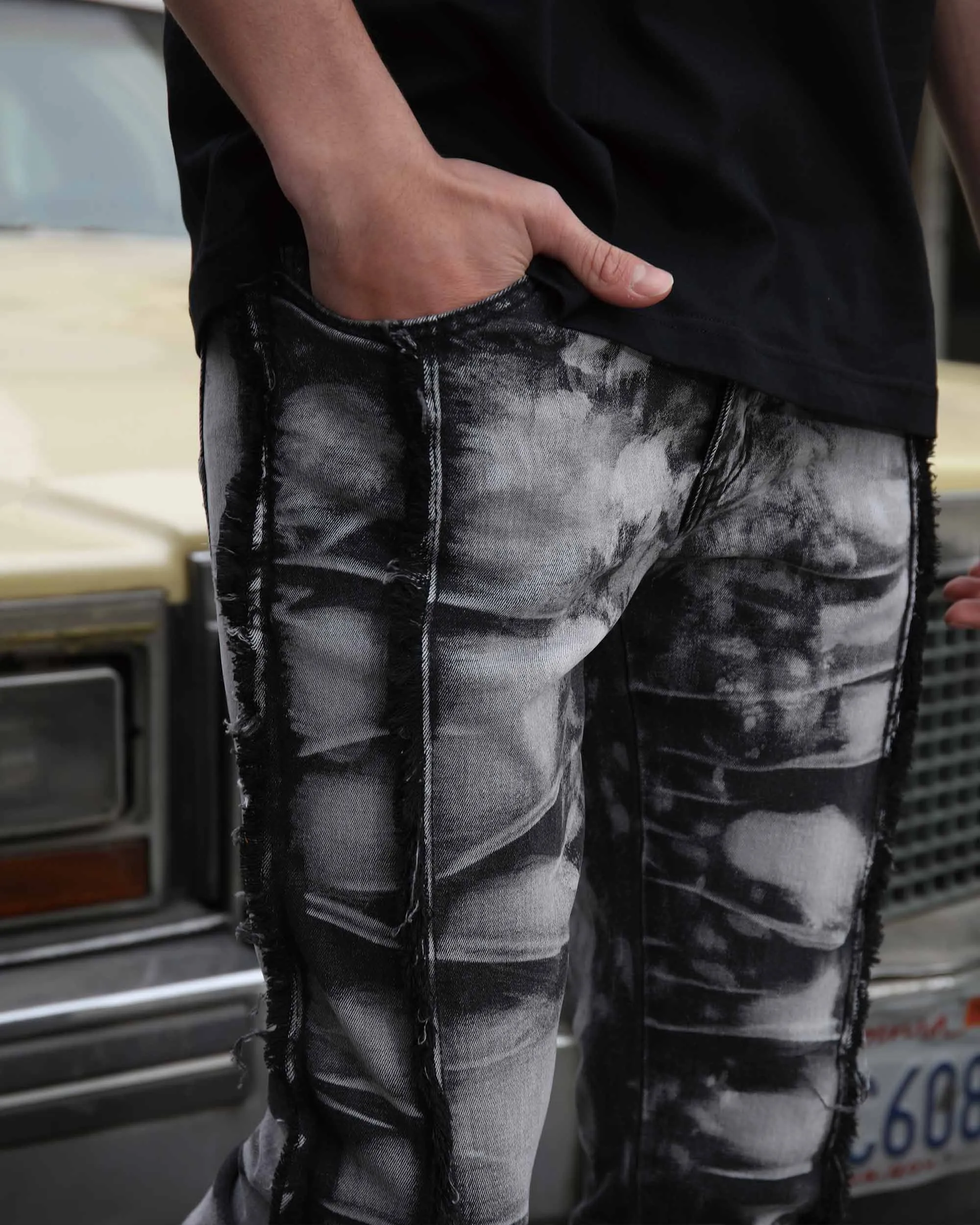 Vintage Black Stacked Jeans with Tassel Detailing
