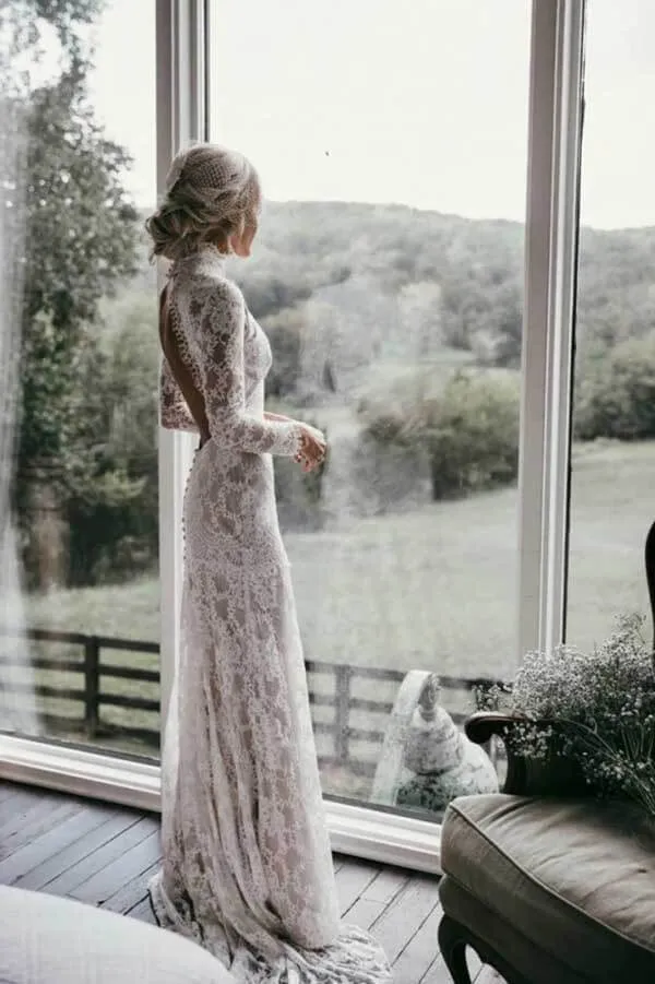 Vintage Sheath High Neck Long Sleeves Lace Wedding Dresses, Bridal Gown, SW529