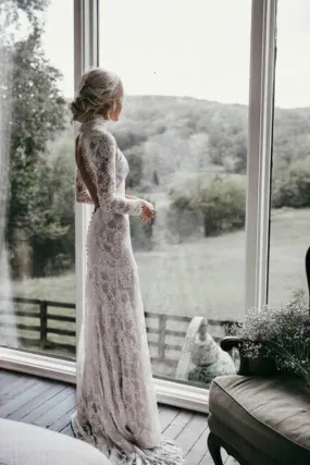 Vintage Sheath High Neck Long Sleeves Lace Wedding Dresses, Bridal Gown, SW529