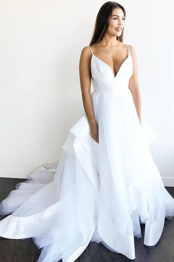 White A-line V-neck Spaghetti Straps Wedding Dresses, Bridal Gown, SW442