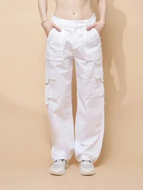 White Cotton Straight Relaxed Fit Cargo For Women