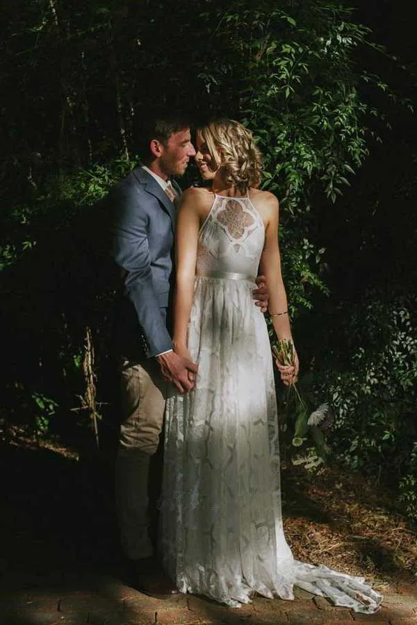 White Lace A-line Halter Wedding Dresses With Sweep Train, Bridal Gowns, SW521
