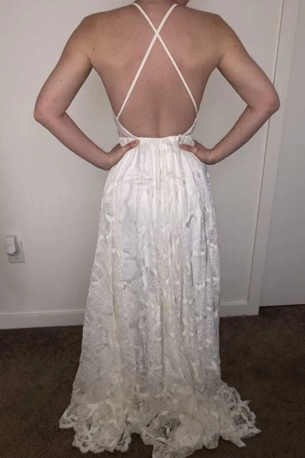 White Lace A-line Halter Wedding Dresses With Sweep Train, Bridal Gowns, SW521