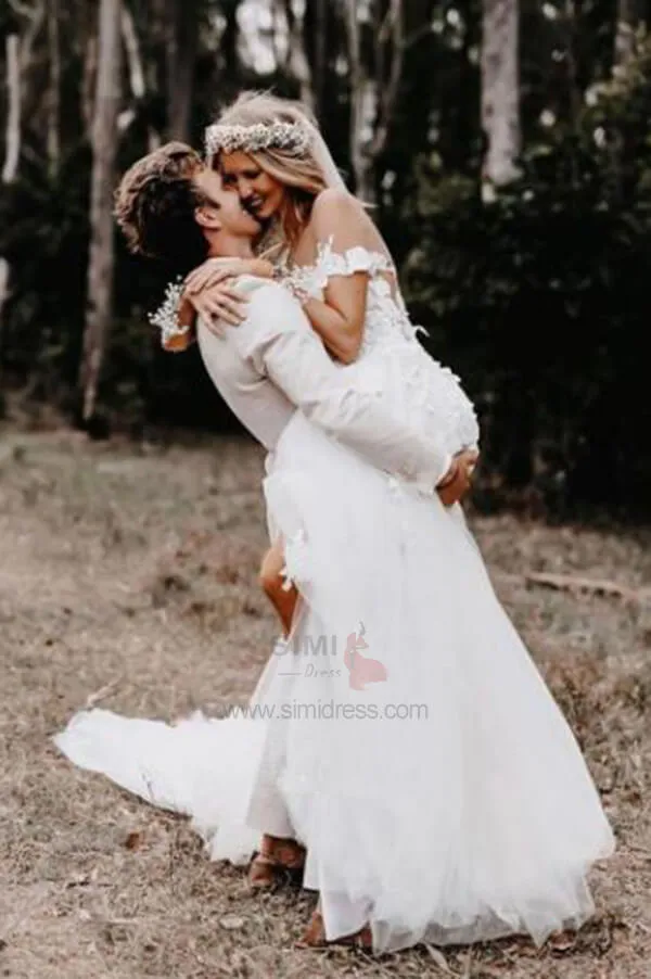 White Tulle 3D Lace Flowers Off the Shoulder Ball Gown Wedding Dresses, SW415