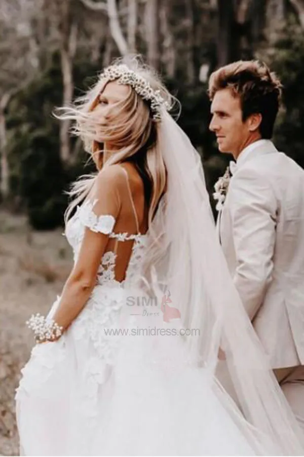 White Tulle 3D Lace Flowers Off the Shoulder Ball Gown Wedding Dresses, SW415